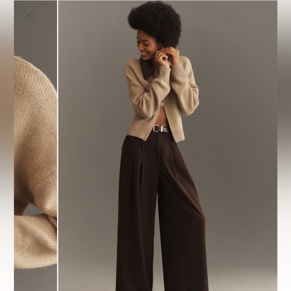 Beige Zip-Up Sweater with Brown Collar - Picture 3 of 3